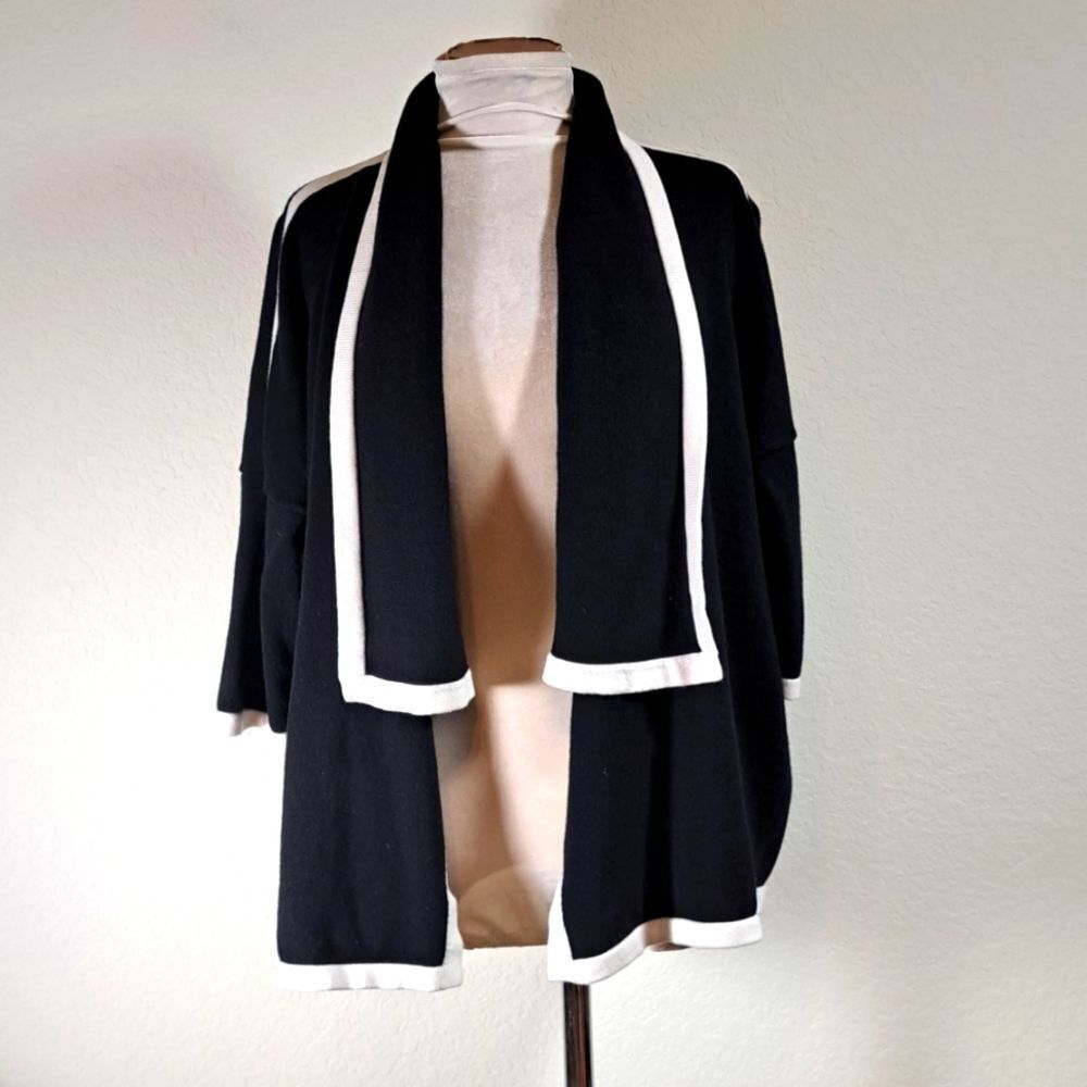 Chico’s Women’s Sweater Cardigan Size L Waterfall Black White Trim Short Sleeve